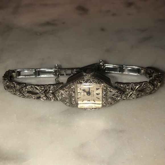 1950s Art Deco Style Sterling Silver Marcasite Ricoh Watch 6.1” - 6.7” Stretch - Picture 4 of 15